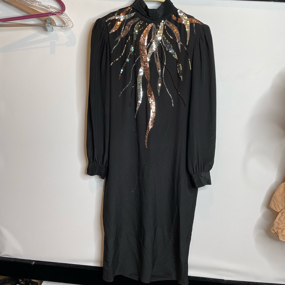 80s Authentic Vintage Argenti Silk Dress Sheer Sequin Black gold long sleeves 4